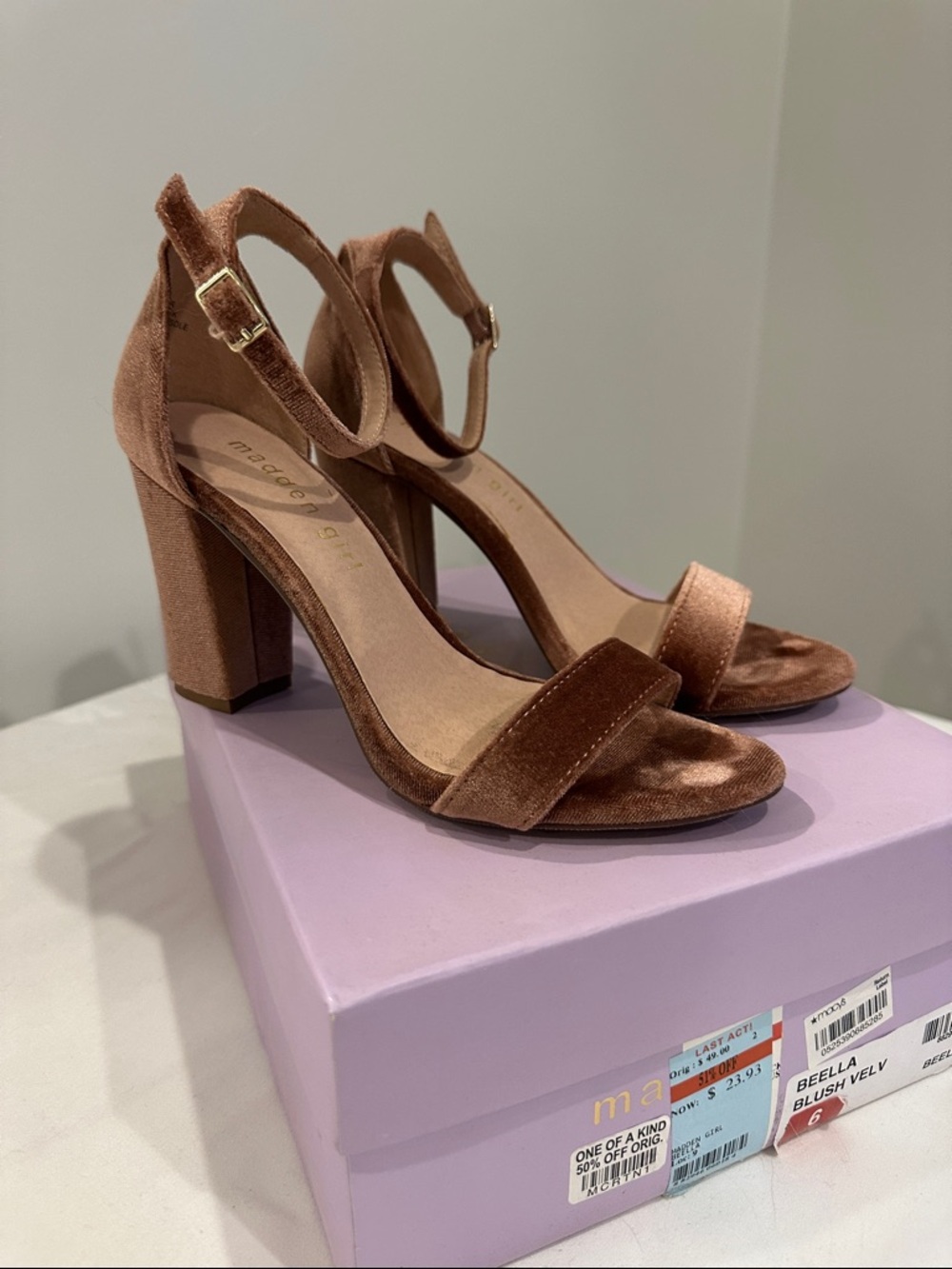 Madden Girl Brown Velvet Block Heel Sandals